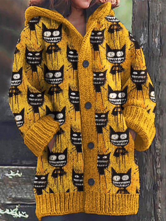 Halloween Crazy Cats Pattern Women's Hooded Cardigan elevenforest