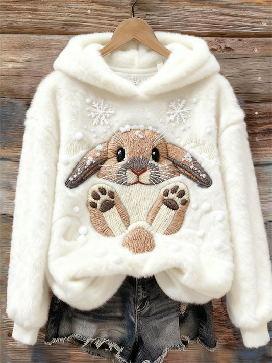 Comstylish Lovely Bunny & Snow Embroidered Cozy Plush Hoodie