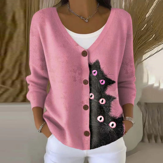 Funny Cats Art Print Buttoned V-neck Cardigan Sweater elevenforest