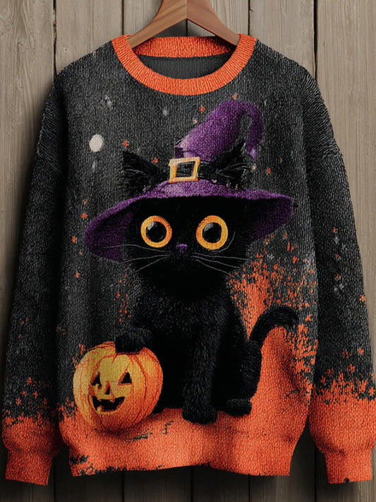 Women's Halloween Witch Black Cat Regular Sweater elevenforest