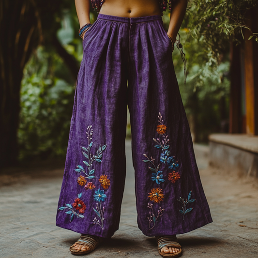 Bohemian Holiday Style Linen Bohemian Floral Print Linen Long Loose Wide-leg Pants artswardrobe