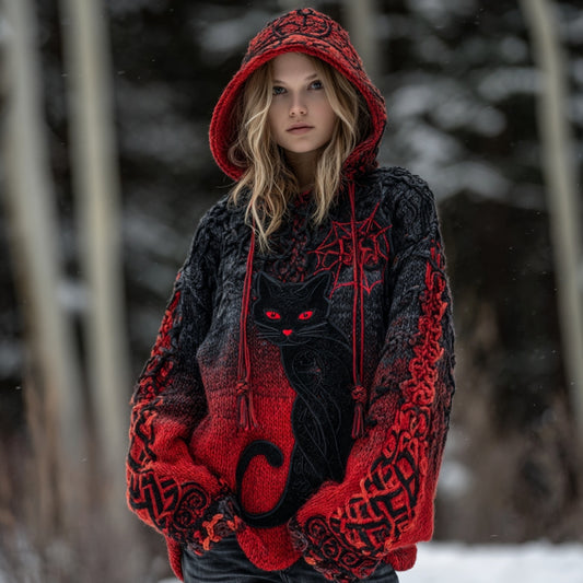 Comstylish Women's Tribal Black Cat Gradient Art Chunky Knit Hooded Sweater