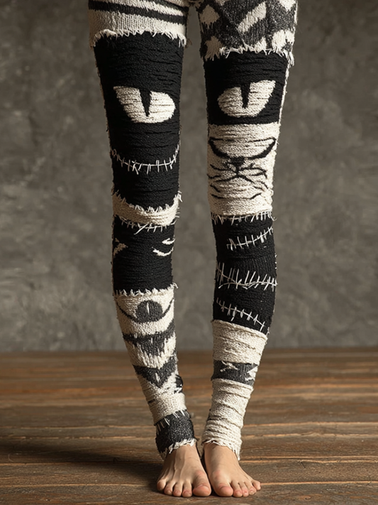 Halloween Fun Cat Design Women's Knitted Leggings elevenforest