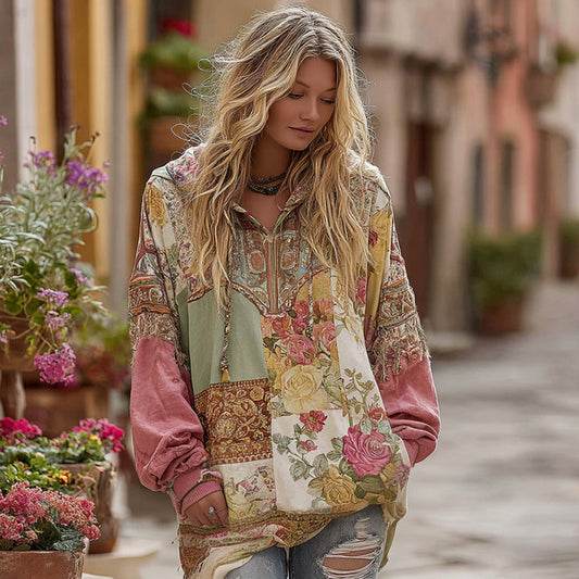 Comstylish Women's Bohemian Floral And Rose Patchwork Cozy Warm Hoodie