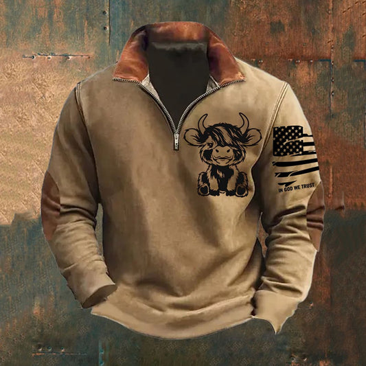 Men's Vintage Highland Cow Print Rint Zipper Fur Collar Sweatshirt artswardrobe