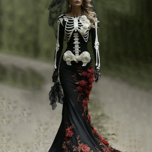 Comstylish Halloween Skeleton Bones With Rose Art Maxi Dress