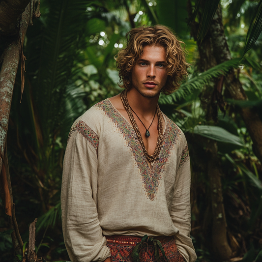 Men's Bohemian Holiday Style Linen Printed Casual Long Sleeve Tops artswardrobe