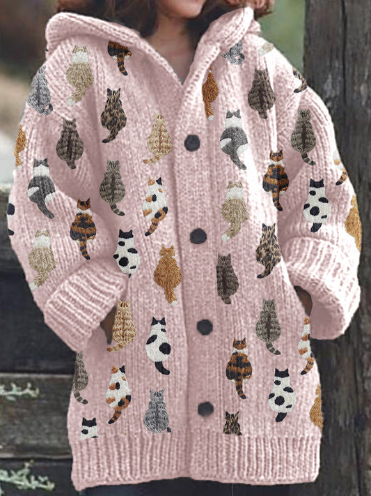 Cats Embroidery Pattern Cozy Knit Hooded Cardigan elevenforest