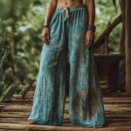 Vintage Bohemian Casual Holiday Gradient  Tie Dye Style Linen Long Loose Wide-leg Pants artswardrobe