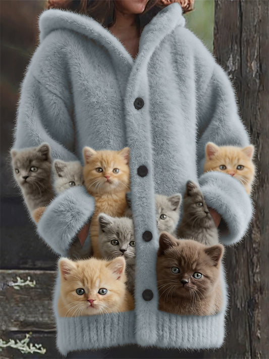 Comstylish Lovely Crowded Fuzzy Cats Cozy Hooded Cardigan