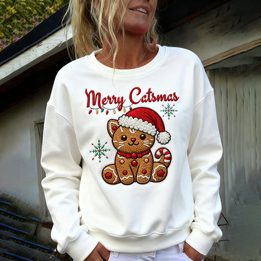 Christmas Gingerbread Cat Embroidered Crew Neck Sweatshirt elevenforest