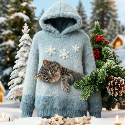 Christmas Cat Felt Art Women's Hooded Plush Sweater elevenforest