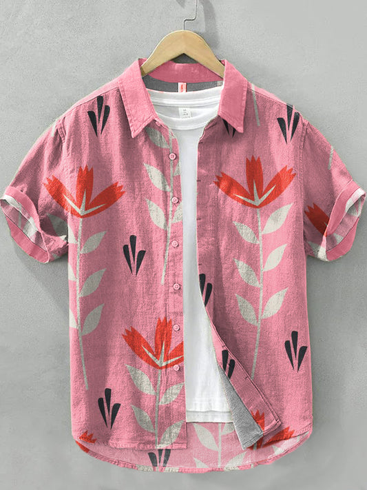 Men's Boho Floral Pattern Linen Blend Pink Shirt artswardrobe