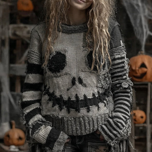 Halloween Pumpkin Face Patchwork Art Cozy Knit Sweater elevenforest