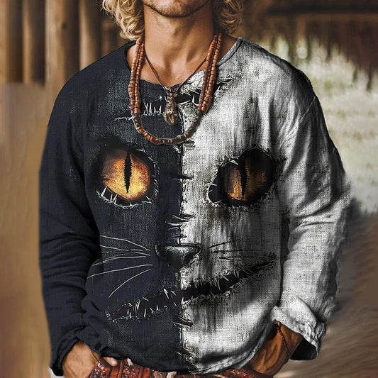 Men's Contrast Color Horror Cat Face Print Long Sleeve T-shirt