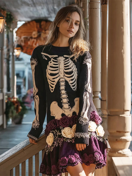 Skeleton & Floral Embroidery Art Women's Knit Mini Dress artswardrobe