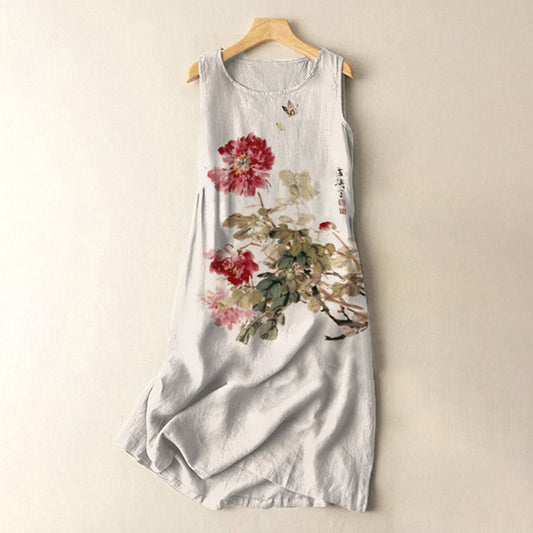 Comstylish Vintage Japanese Ink Flower Art Sleeveless Cotton And Linen Midi Dress