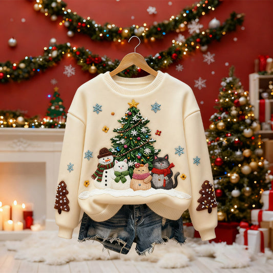 Comstylish Christmas Tree Cat Art Women's Comfortable Plush Sweater