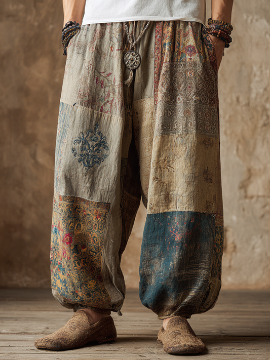 Western Bohemian Style Plant And Flower Pattern Retro Cotton And Linen Loose Wide-leg Pants artswardrobe