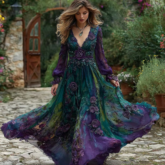 Women's Vintage Purple Floral Gradient Pattern Elegant V-neck Dress artswardrobe