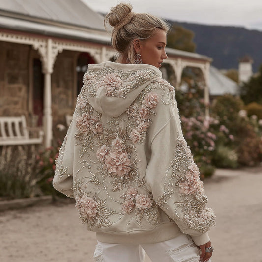 Comstylish Women's Vintage Rose Pearl Embroidery Comfortable Warm Hoodie