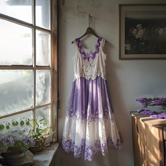 Boho Gradient Lavender Embroidered Pattern Lace Linen Dress artswardrobe