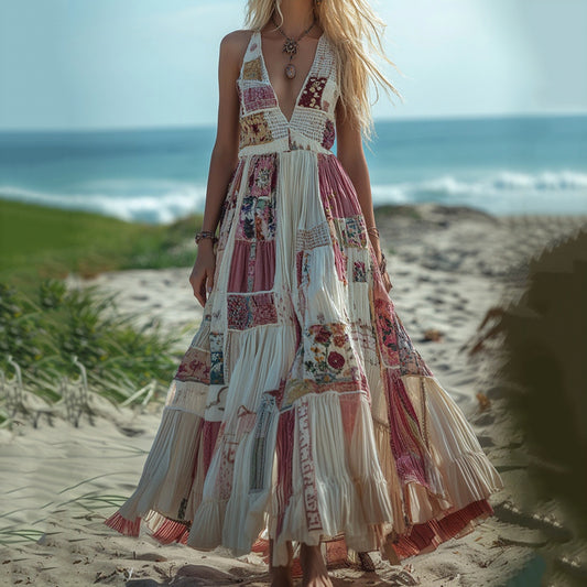 Women's Breast Cancer Awareness Holiday Patchwork Maxi Dress artswardrobe