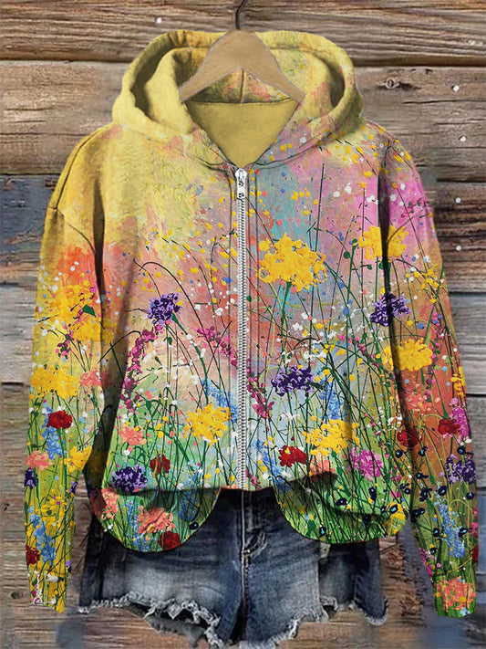 Comstylish Wild Flowers Oil Painting Art Full Zip Hoodie