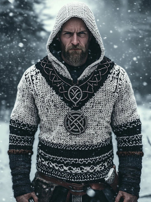 Men's Vintage Viking Style Jacquard Cozy Knit Hooded Sweater elevenforest