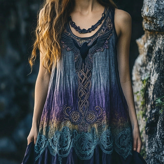 Raven Embroidered Vintage Lace Women's Linen Vest Dress artswardrobe