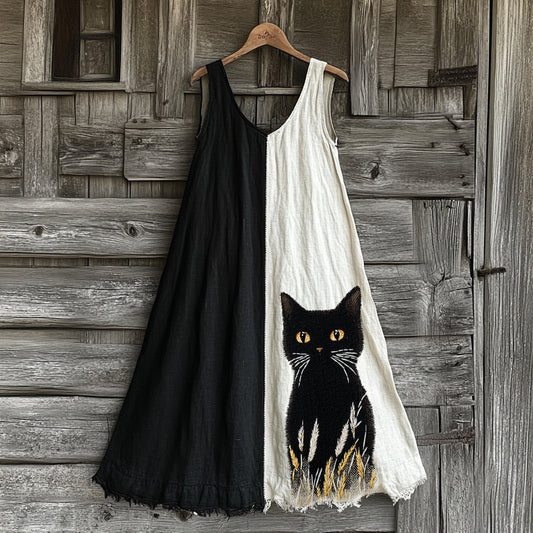 Comstylish Cute Black Cat Contrasting Colors Linen Contrast Color Tank Dress