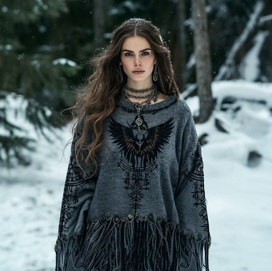 Women's Tribal Viking Runes Bird Graphics Embroidery Tassel Art Knit Sweater elevenforest