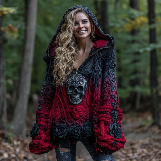Women's Vintage Viking Tribal Celtic Skull Gradient Art Cozy Knitted Zipper Hoodie elevenforest