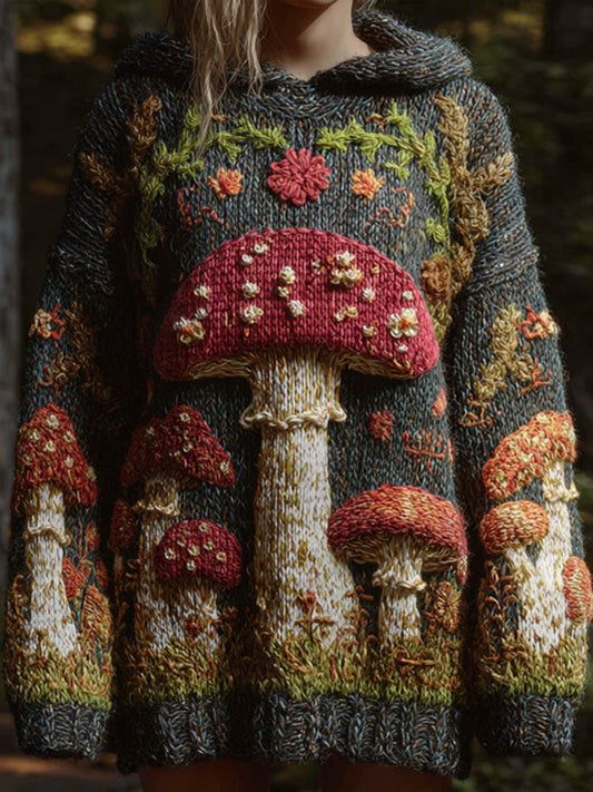 Women's Retro Mushroom Print Hoodie Sweater artswardrobe