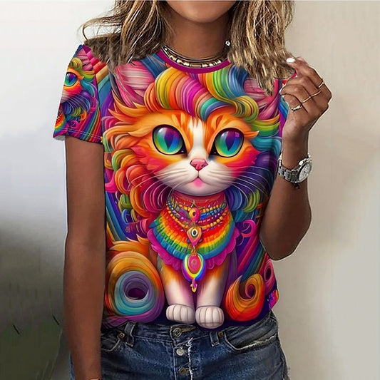 Women's Rainbow Psychedelic Pop Art Cat Print T-shirt elevenforest