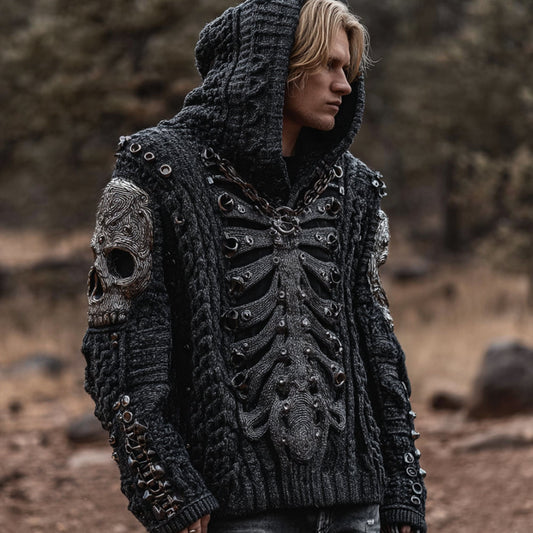 Men's Vintage Dark Skeleton Rivet Washed Long-sleeved Hooded Sweater elevenforest