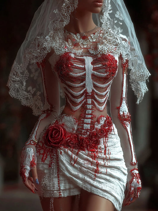 Comstylish Women's Halloween Skeleton Red Rose Taboo Romantic Round Neck Dress