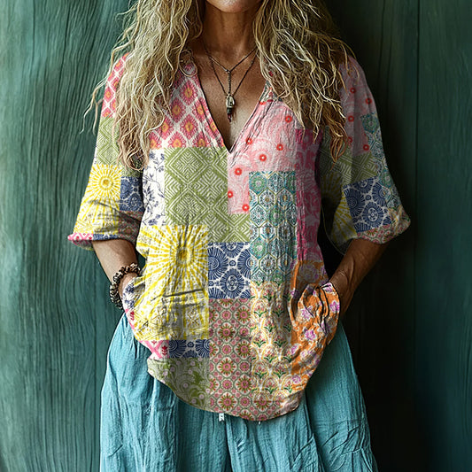 Vintage Boho Floral Patchwork Art Print Short Sleeve V-neck Shirt artswardrobe
