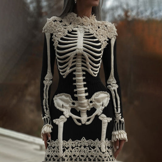 Women's Halloween Skeleton Embroidered Gothic Dress artswardrobe