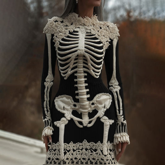 Comstylish Women's Halloween Skeleton Embroidered Gothic Dress