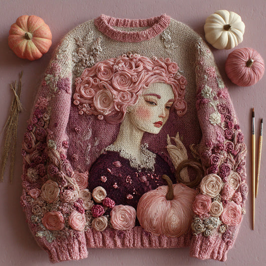 Women's Vintage Halloween Pink Art Knit Sweater elevenforest