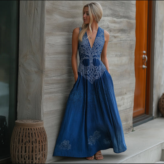 Comstylish Vintage Celtic Tree Of Life Indigo Batik Art Linen Maxi Dress