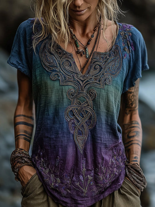 Viking Celtic Knot Gradient Art Women's Linen V Neck T-shirt artswardrobe