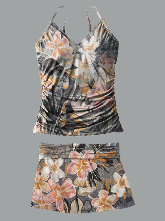 Retro Flower V-Neck Vintage Flowers Print Suspender Skirt Tankini Pantskirt Set Swimsuit