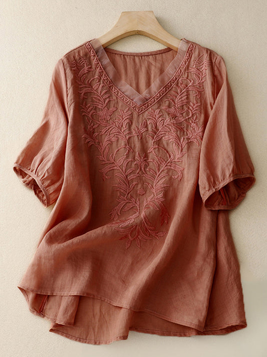 Comstylish Women's Embroidery Pattern Linen Blend Comfort Shirt