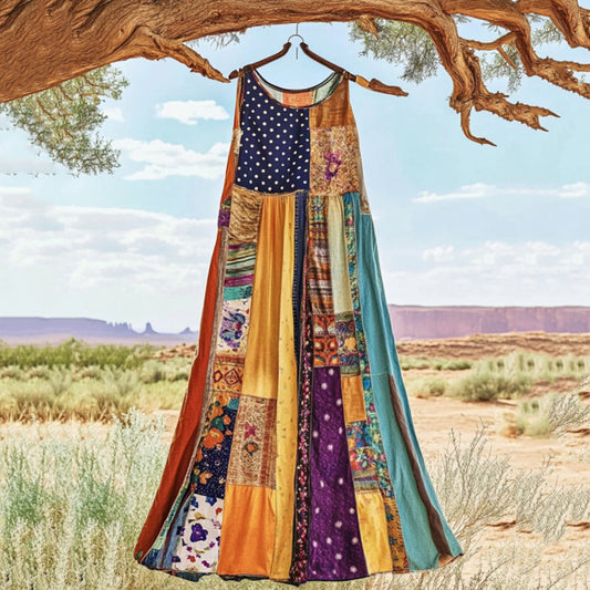 Comstylish Vintage Bohemian Floral Patchwork Art Linen Tank Dress
