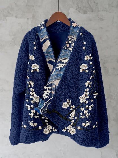 Comstylish Vintage Japanese Art Pattern Fleece Kimono Cardigan