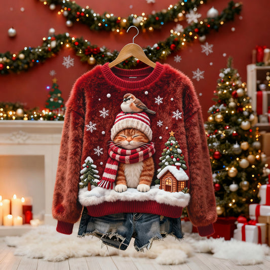 Comstylish Women's Christmas Cat-themed Plush Sweater