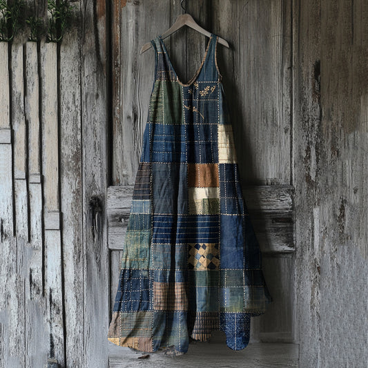 Women's Vintage Geometric Patchwork Art Linen Vest Dress artswardrobe