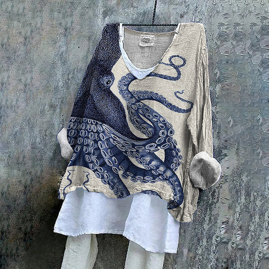 Comstylish Japanese Art Octopus Graphic Printed V-Neck Casual Blouse